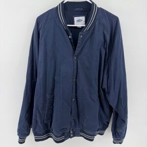 Old Navy Mens XXL Varsity Bomber Jacket Navy Blue Striped Trim Snap Front FA17